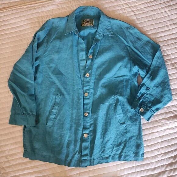Vintage 100% LG Linen Turquoise Blazer Jacket Size 16 Made In USA TRU SAFARI - Picture 1 of 5
